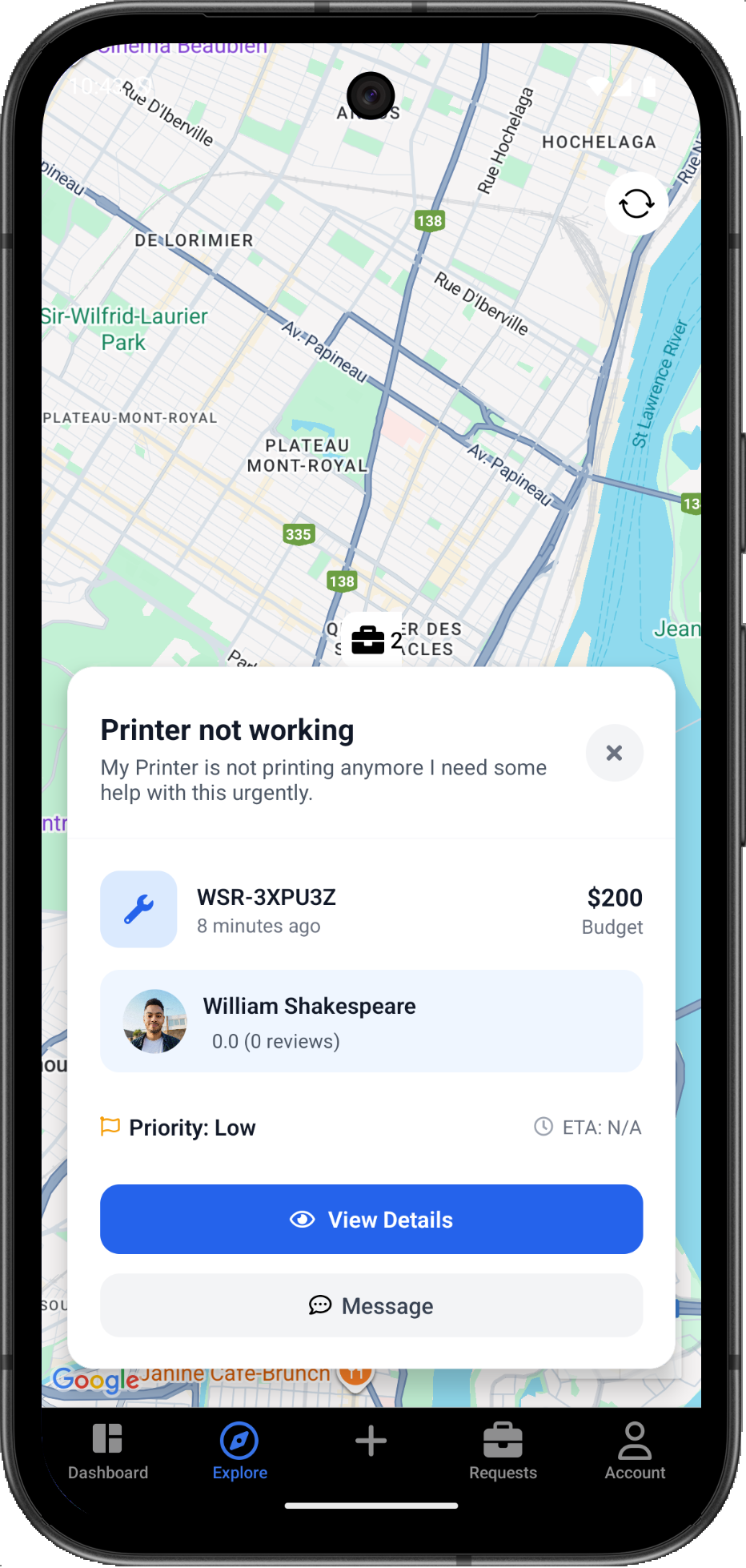 The Workedin mobile app showing nearby IT mandates on a map
